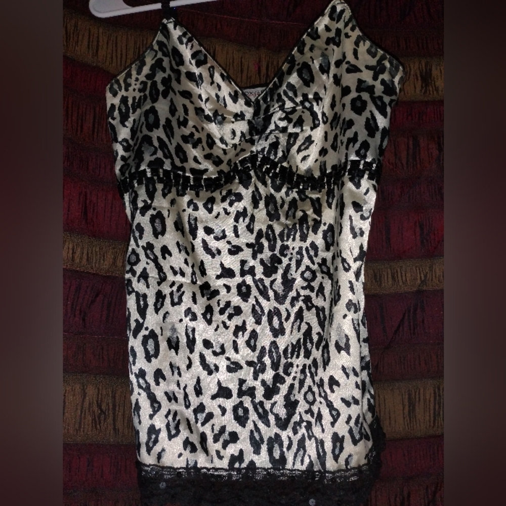 Oxygene Leopard print Satin top W/ Square Bead Embellishment